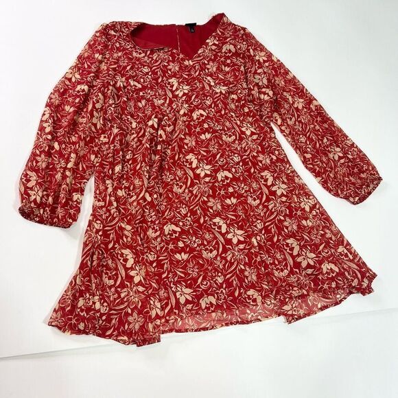 Torrid Dress Womens 4 Red & Gold Floral Keyhole Back Long Sleeve V-Neck - Picture 1 of 11